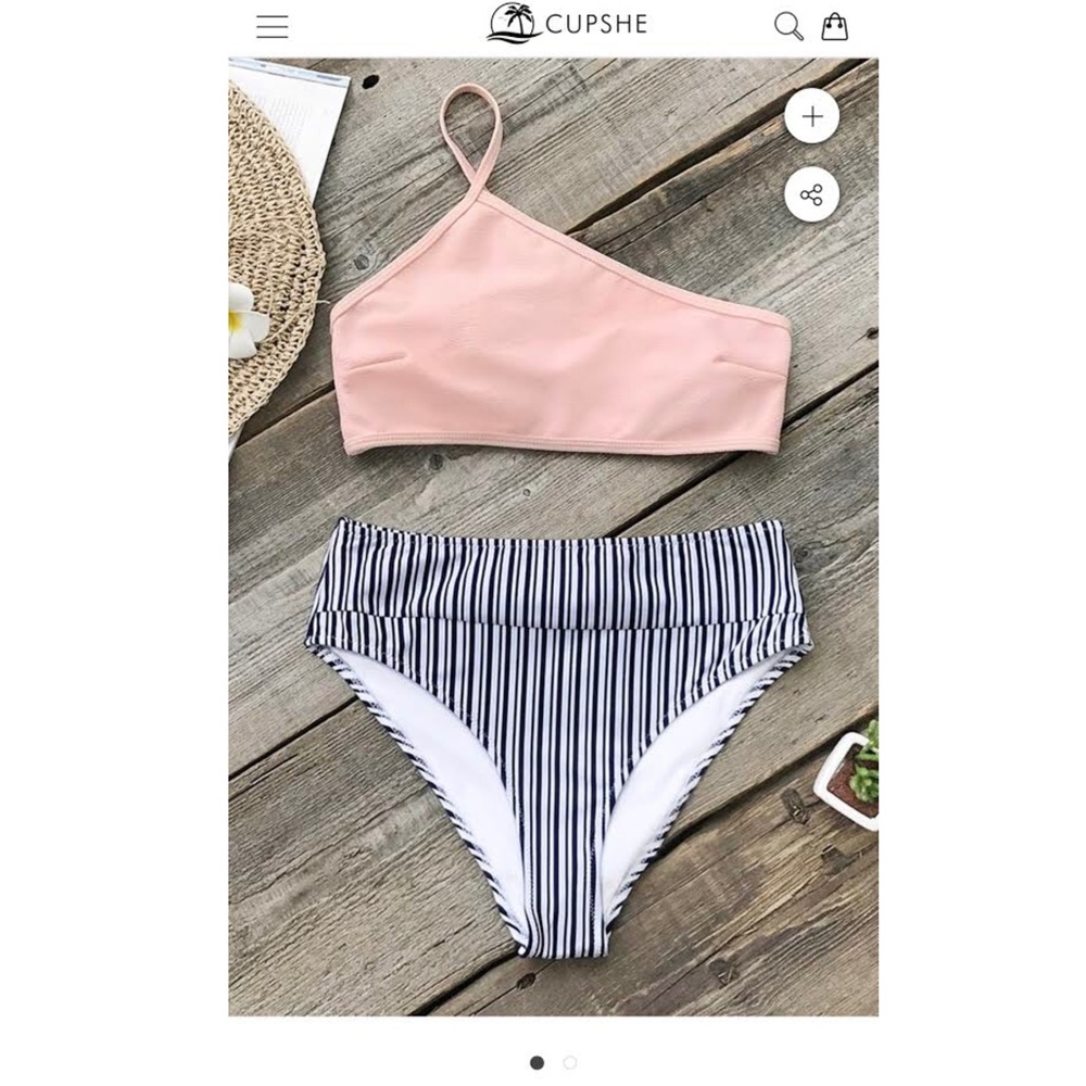 Cupshe Pink Blue and White High-Waisted Bikini